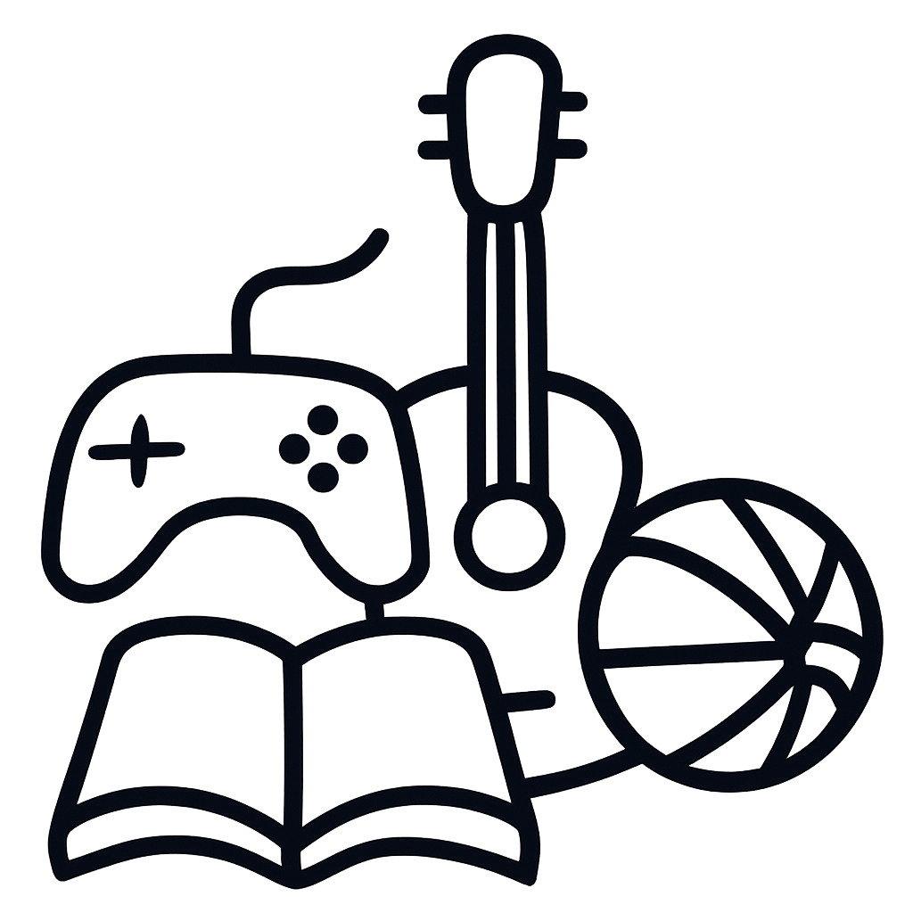 An illustration of a video game controller, basketball, basketball hoop, and book stack in various locations.